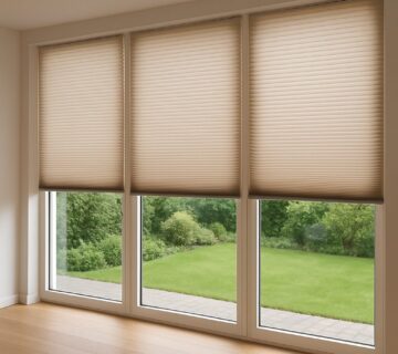 Bodentiefe Fenster mit halb heruntergelassenen Plissees