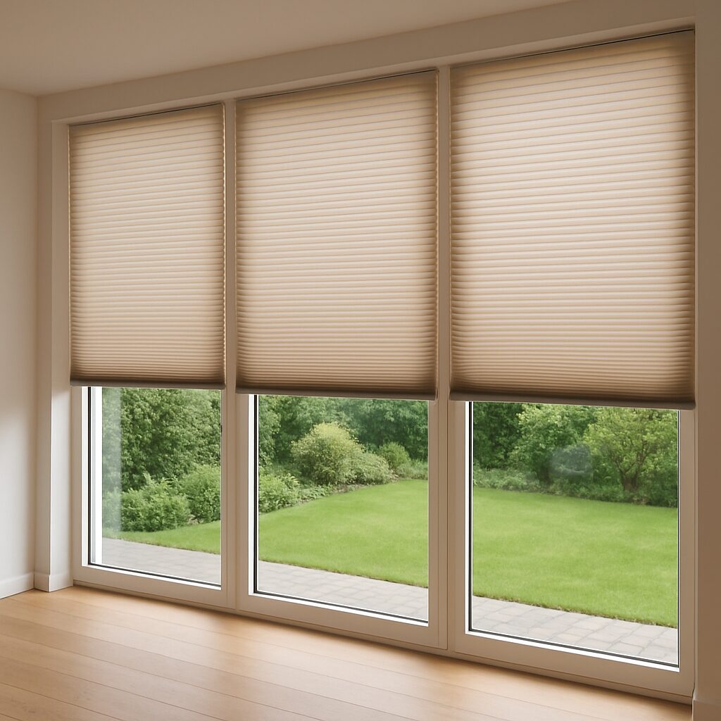 Bodentiefe Fenster mit halb heruntergelassenen Plissees