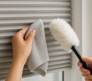 Ein Plissee wird mit einem Staubtusch und einem Staubwedel geeinigt