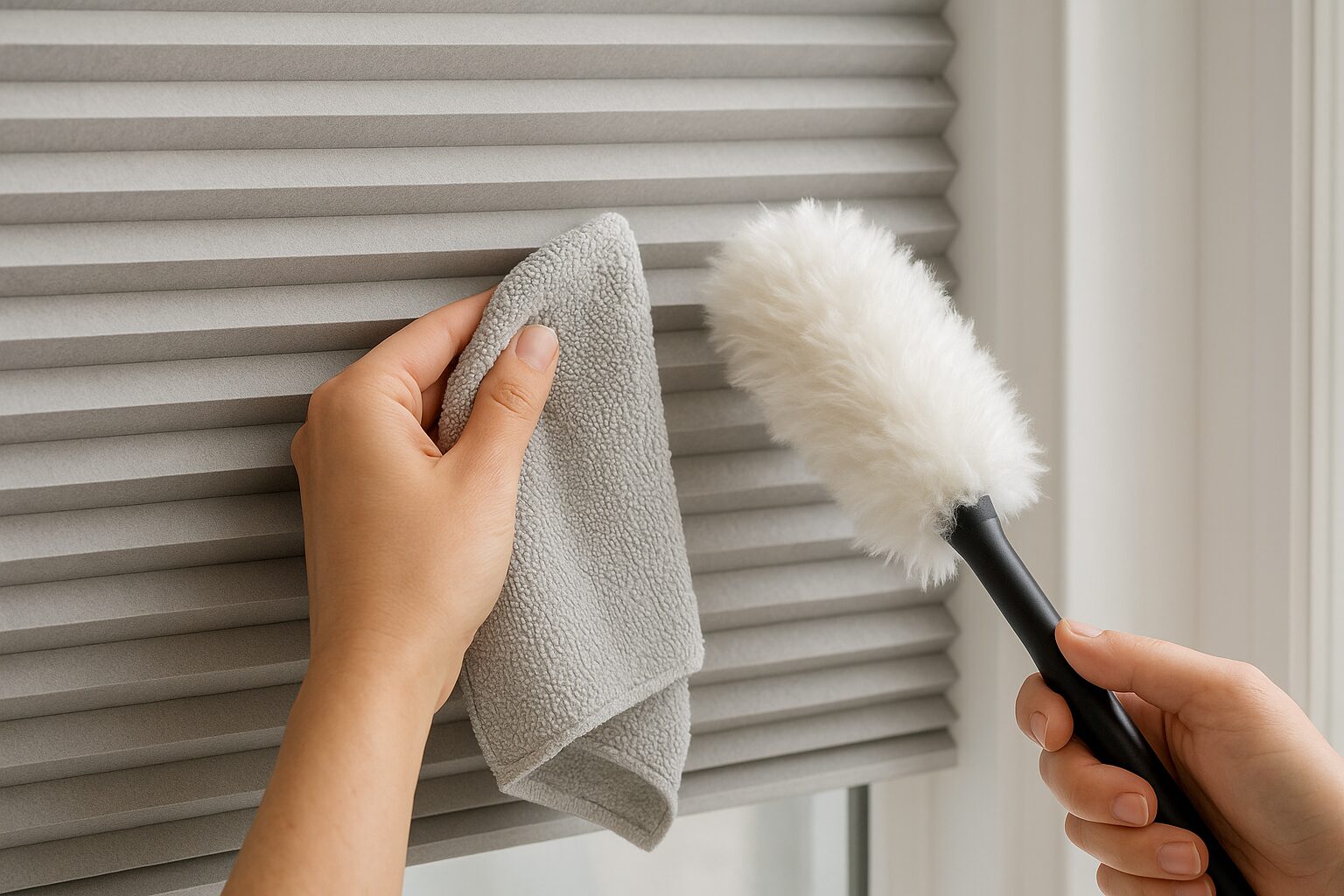 Ein Plissee wird mit einem Staubtusch und einem Staubwedel geeinigt