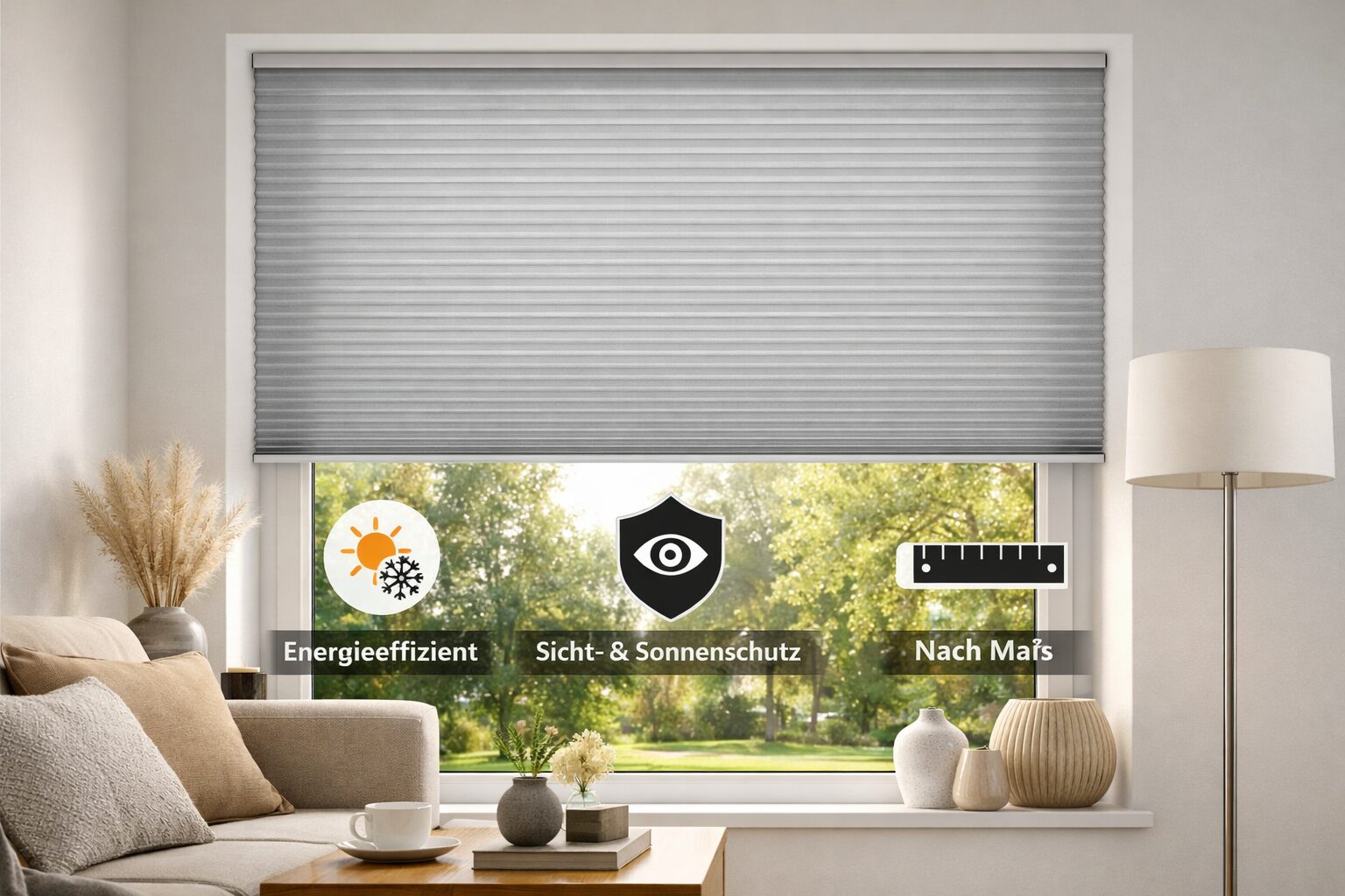 Großes Wohnzimmerfenster mit einem halb heruntergelassenen Wabenplissee Rollo