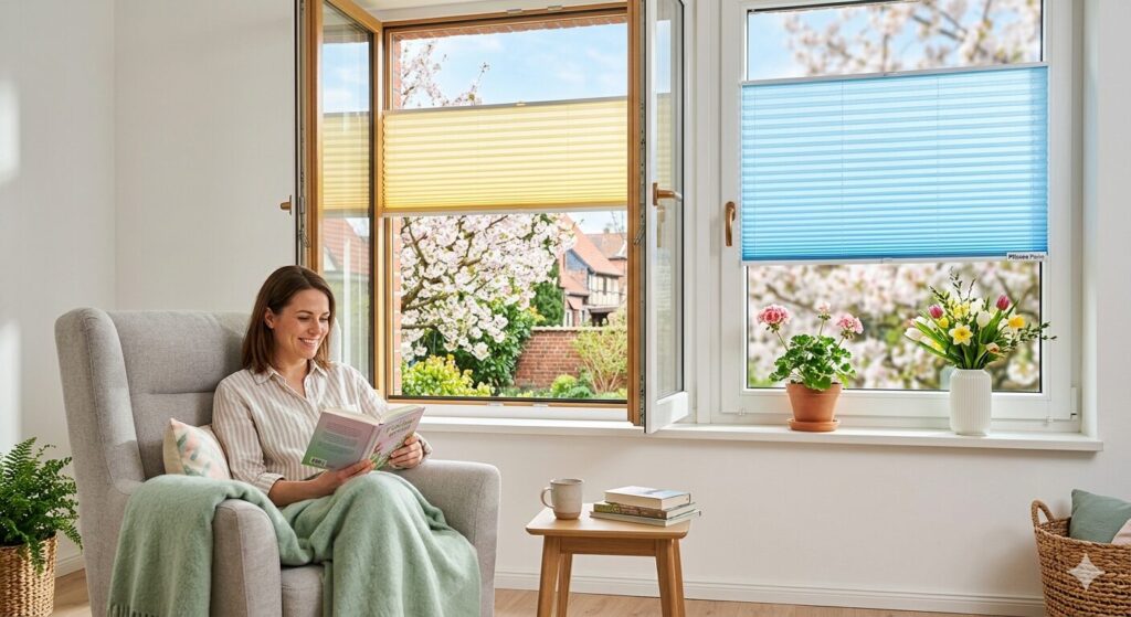 Ein Frau sitzt in einem Sessel vor dem geöffneten Fenster und liest ein Buch. Das Fenster bietet Sichtschutz durch farbenfrohe Plissees.